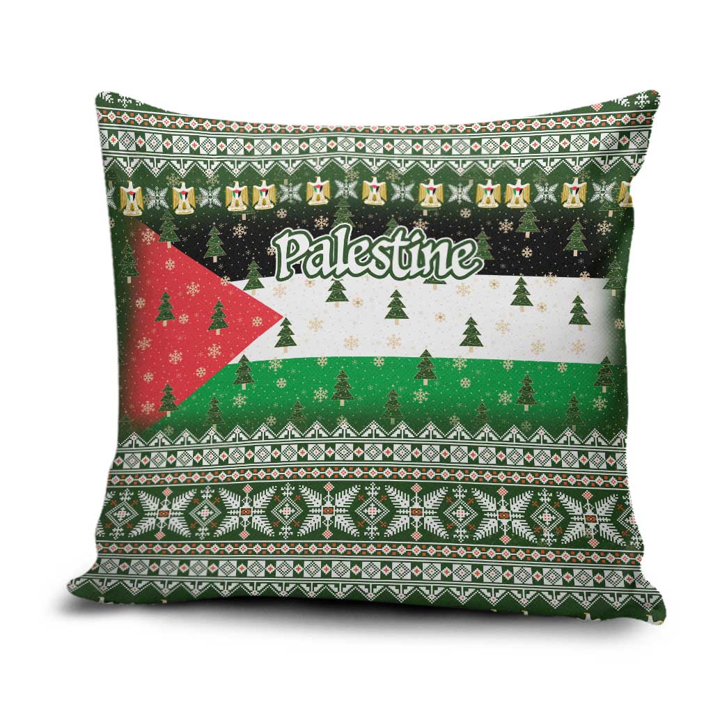 Palestine Christmas Pillow Cover with Green-White Theme, Tree Ornaments, and Nativity Scene Motif - Wonder Print Shop