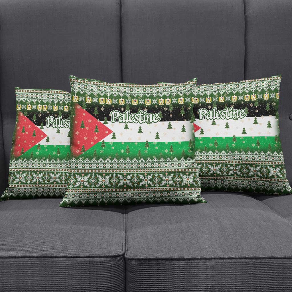 Palestine Christmas Pillow Cover with Green-White Theme, Tree Ornaments, and Nativity Scene Motif - Wonder Print Shop