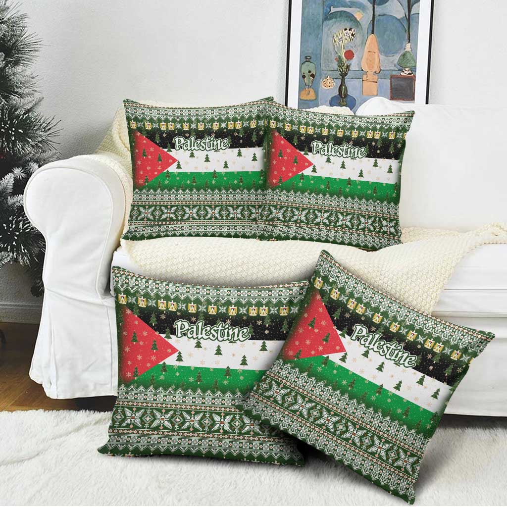 Palestine Christmas Pillow Cover with Green-White Theme, Tree Ornaments, and Nativity Scene Motif - Wonder Print Shop