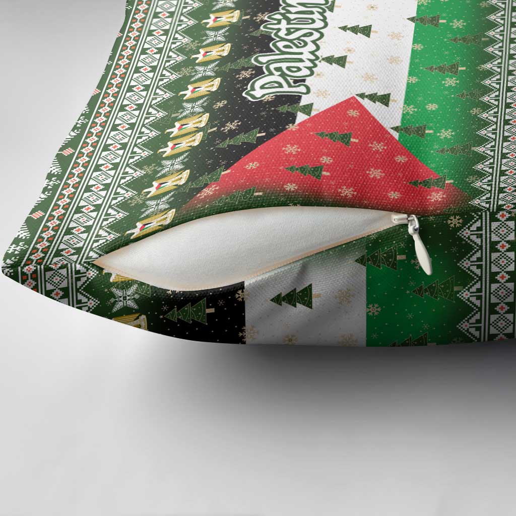 Palestine Christmas Pillow Cover with Green-White Theme, Tree Ornaments, and Nativity Scene Motif - Wonder Print Shop