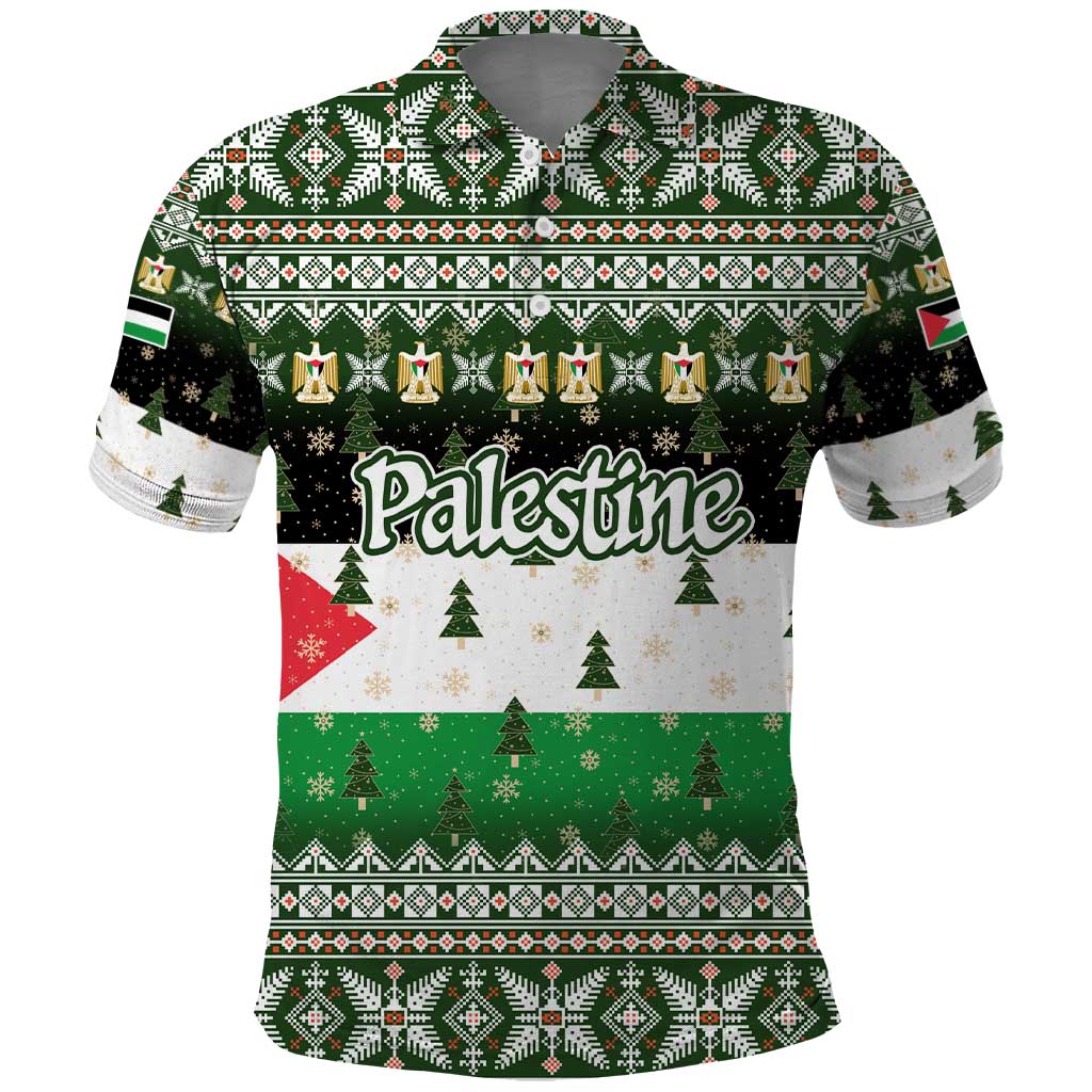 Palestine Christmas Polo Shirt with Green-White Theme, Tree Ornaments, and Nativity Scene Motif - Wonder Print Shop