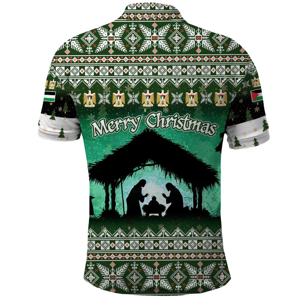 Palestine Christmas Polo Shirt with Green-White Theme, Tree Ornaments, and Nativity Scene Motif - Wonder Print Shop