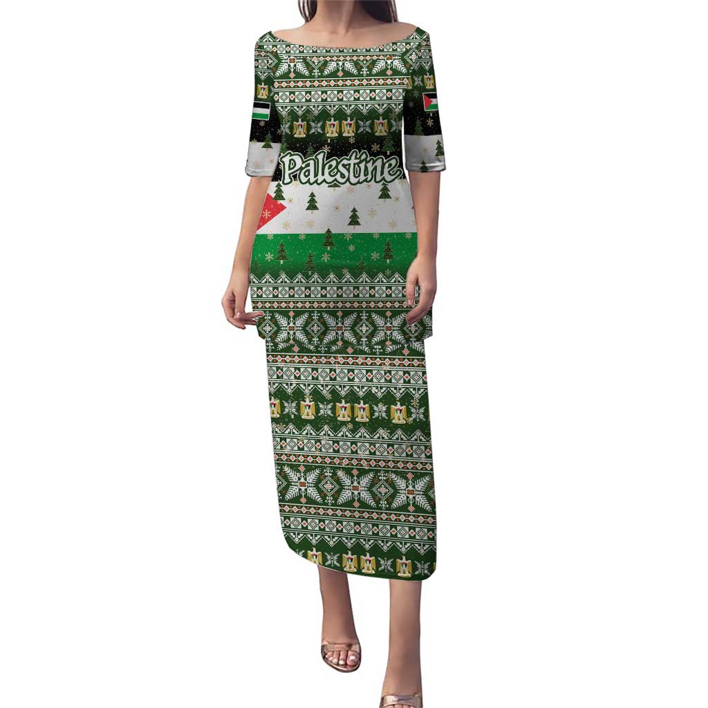Palestine Christmas Puletasi with Green-White Theme, Tree Ornaments, and Nativity Scene Motif - Wonder Print Shop