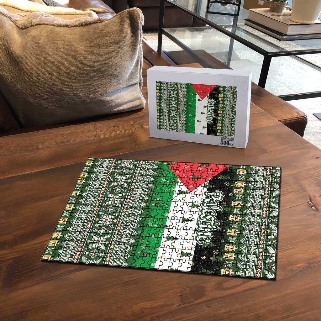 Palestine Christmas Puzzle with Green-White Theme, Tree Ornaments, and Nativity Scene Motif - Wonder Print Shop