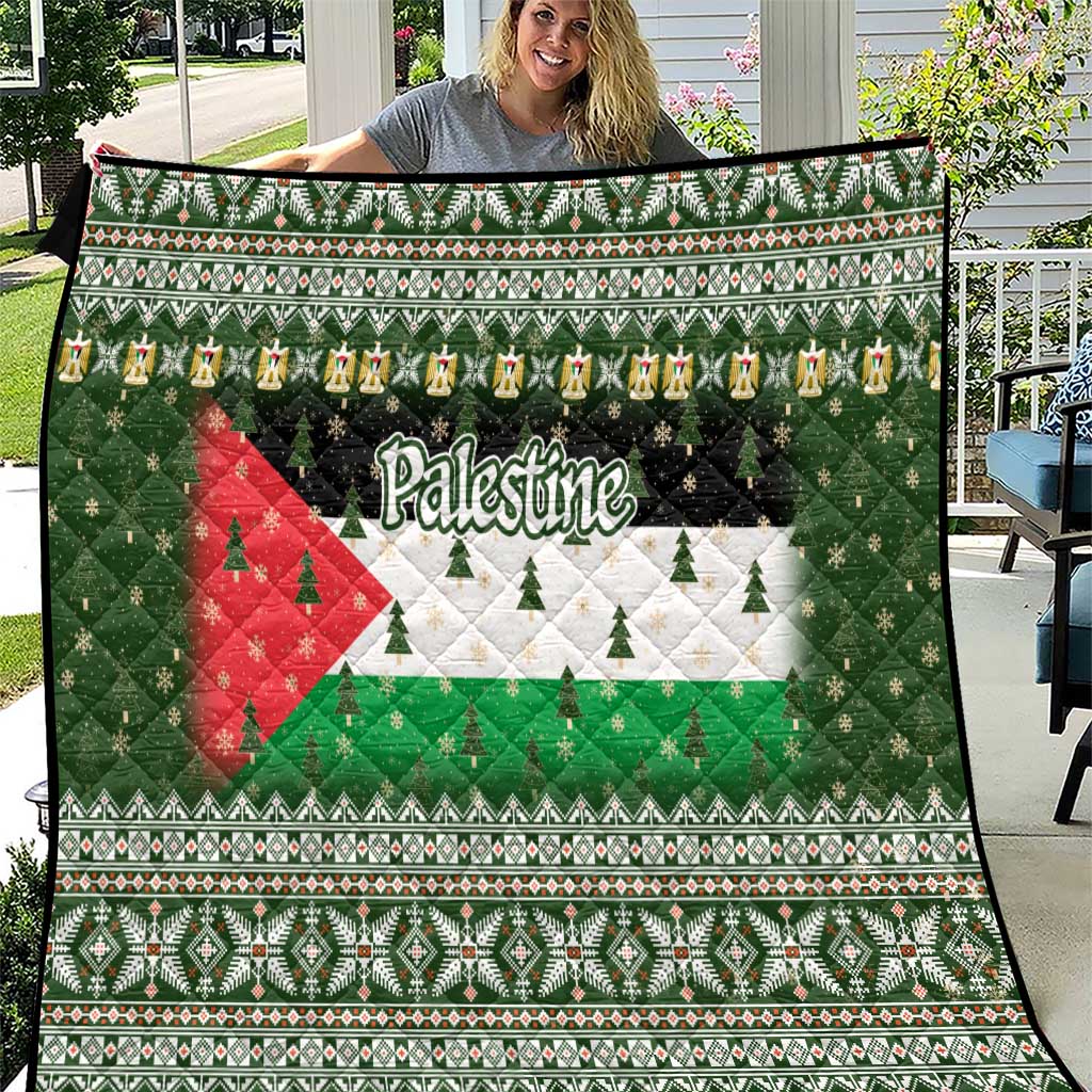 Palestine Christmas Quilt with Green-White Theme, Tree Ornaments, and Nativity Scene Motif - Wonder Print Shop