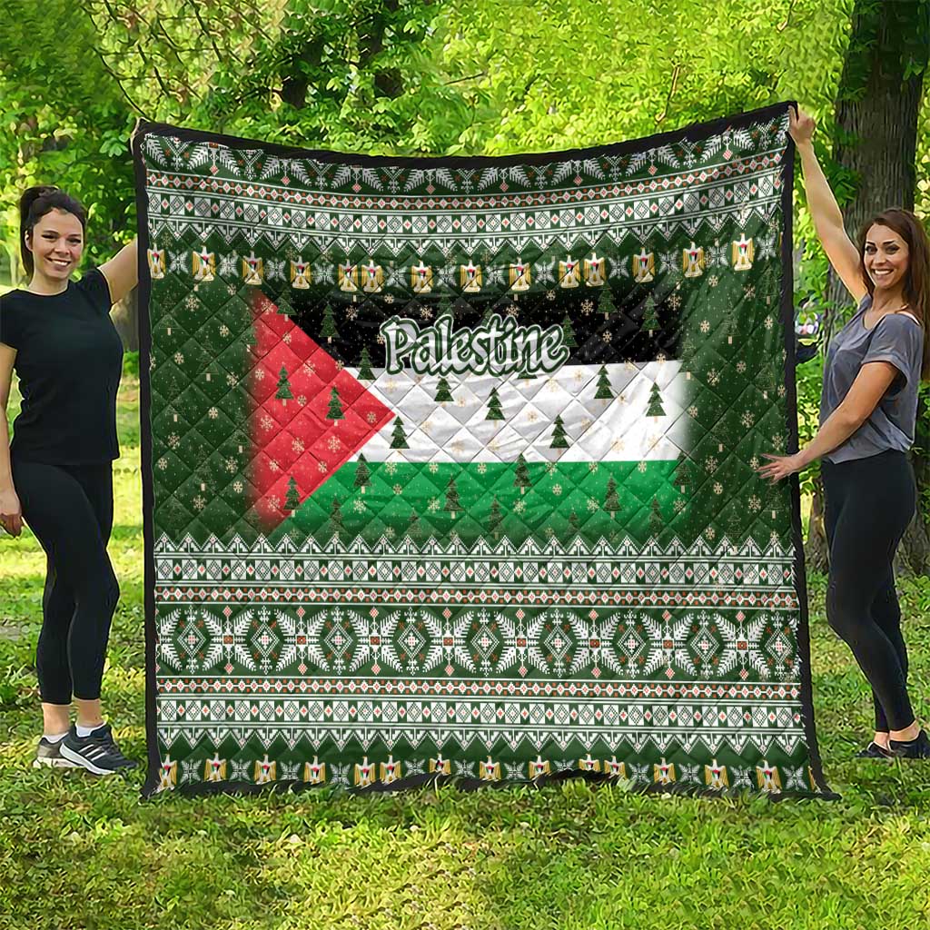 Palestine Christmas Quilt with Green-White Theme, Tree Ornaments, and Nativity Scene Motif - Wonder Print Shop