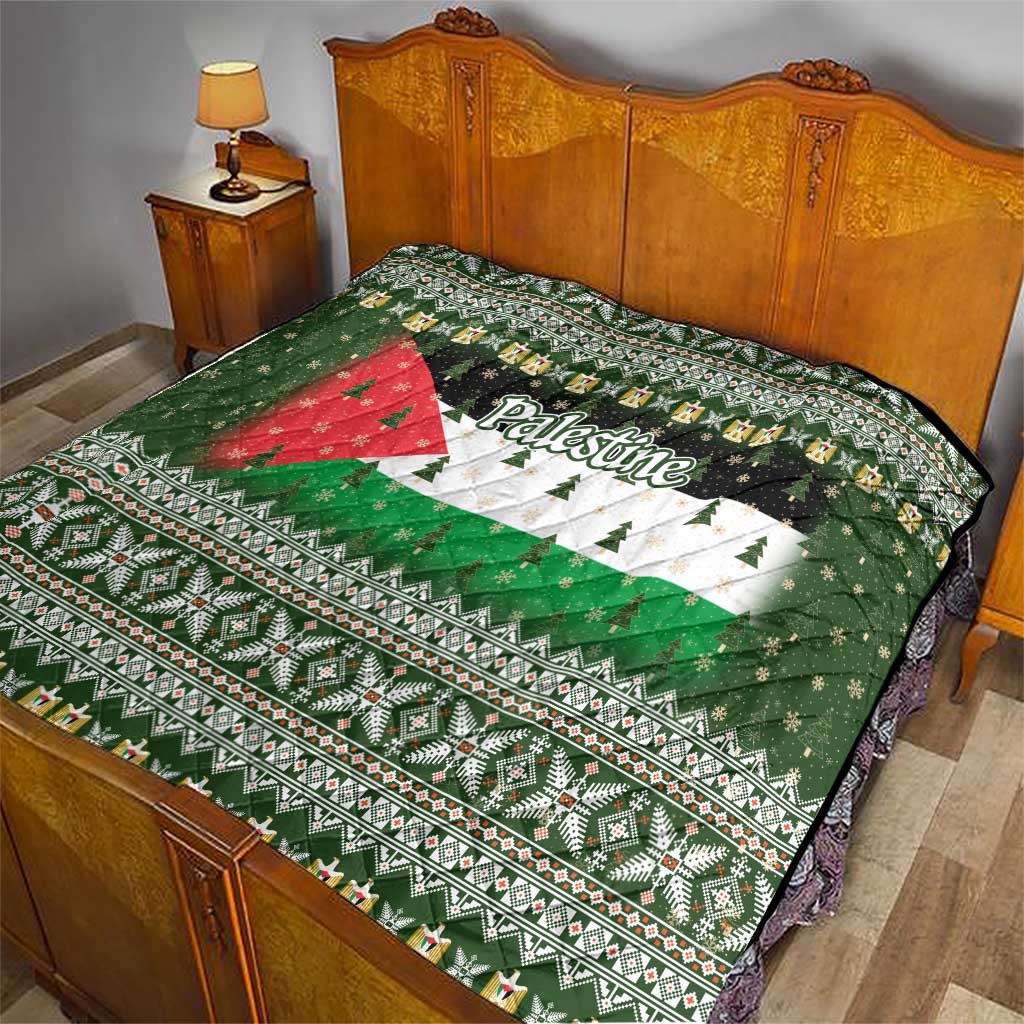 Palestine Christmas Quilt with Green-White Theme, Tree Ornaments, and Nativity Scene Motif - Wonder Print Shop