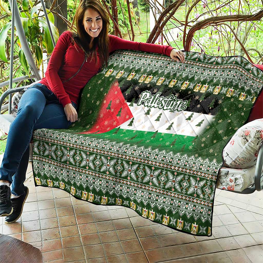 Palestine Christmas Quilt with Green-White Theme, Tree Ornaments, and Nativity Scene Motif - Wonder Print Shop