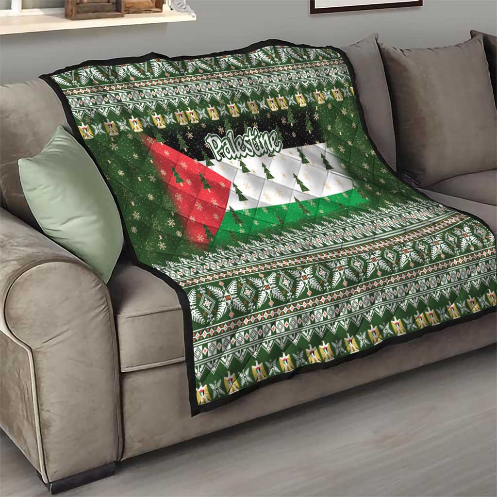 Palestine Christmas Quilt with Green-White Theme, Tree Ornaments, and Nativity Scene Motif - Wonder Print Shop