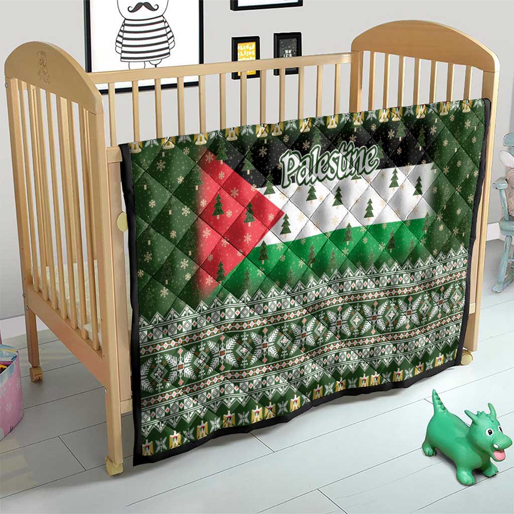 Palestine Christmas Quilt with Green-White Theme, Tree Ornaments, and Nativity Scene Motif - Wonder Print Shop