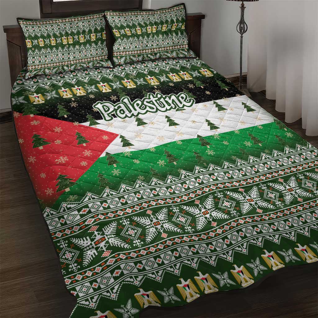 Palestine Christmas Quilt Bed Set with Green-White Theme, Tree Ornaments, and Nativity Scene Motif - Wonder Print Shop