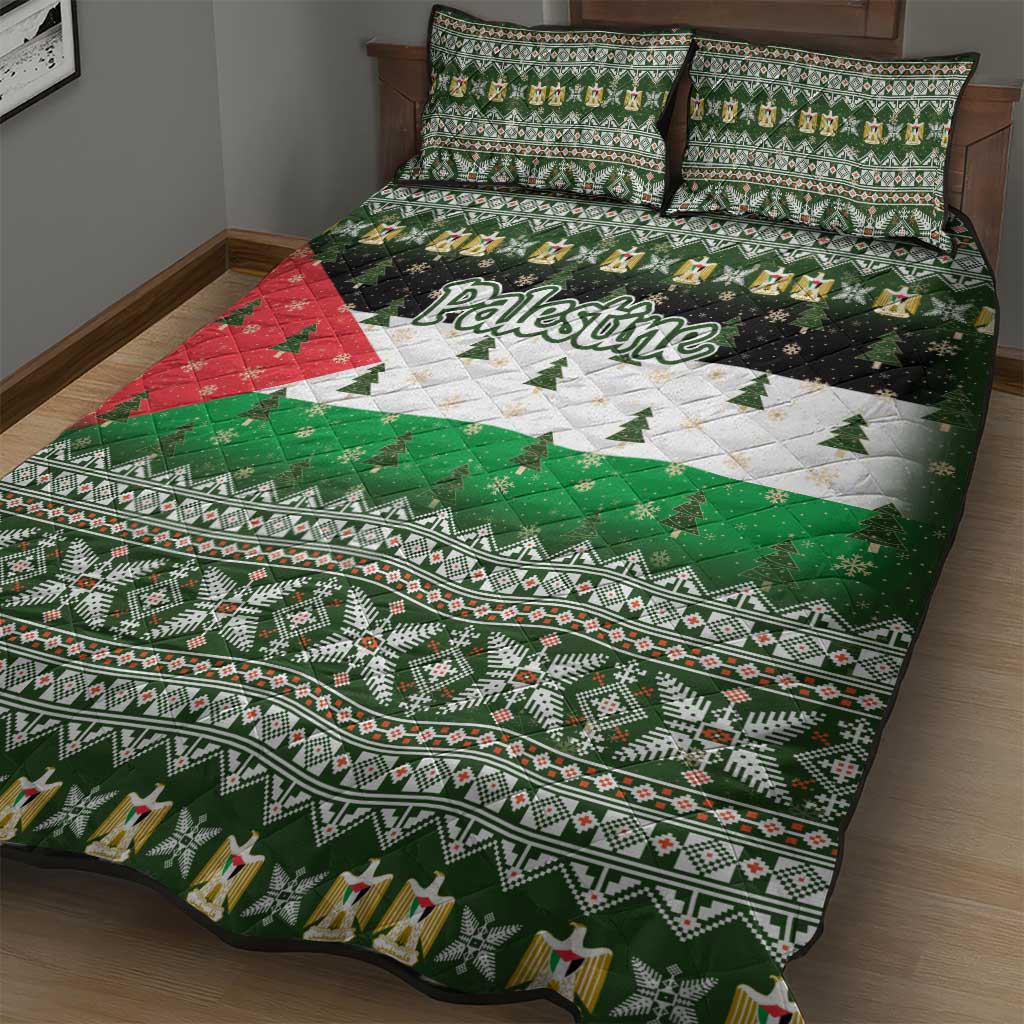 Palestine Christmas Quilt Bed Set with Green-White Theme, Tree Ornaments, and Nativity Scene Motif - Wonder Print Shop