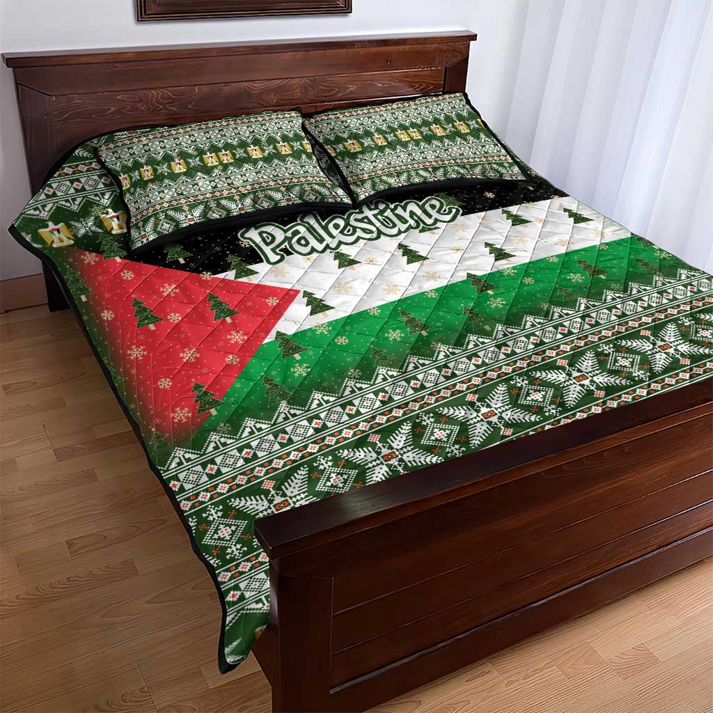 Palestine Christmas Quilt Bed Set with Green-White Theme, Tree Ornaments, and Nativity Scene Motif - Wonder Print Shop