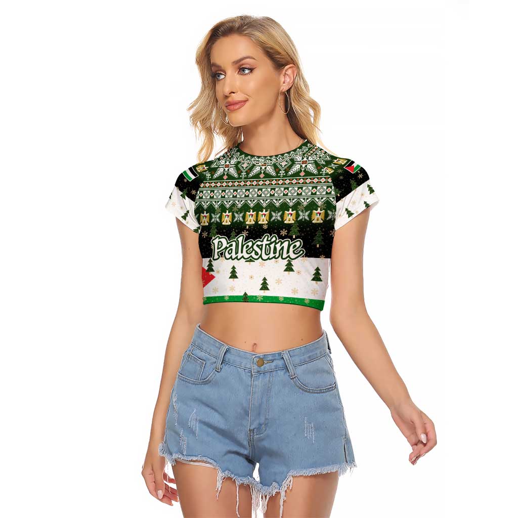 Palestine Christmas Raglan Cropped T Shirt with Green-White Theme, Tree Ornaments, and Nativity Scene Motif - Wonder Print Shop