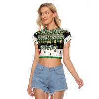 Palestine Christmas Raglan Cropped T Shirt with Green-White Theme, Tree Ornaments, and Nativity Scene Motif - Wonder Print Shop
