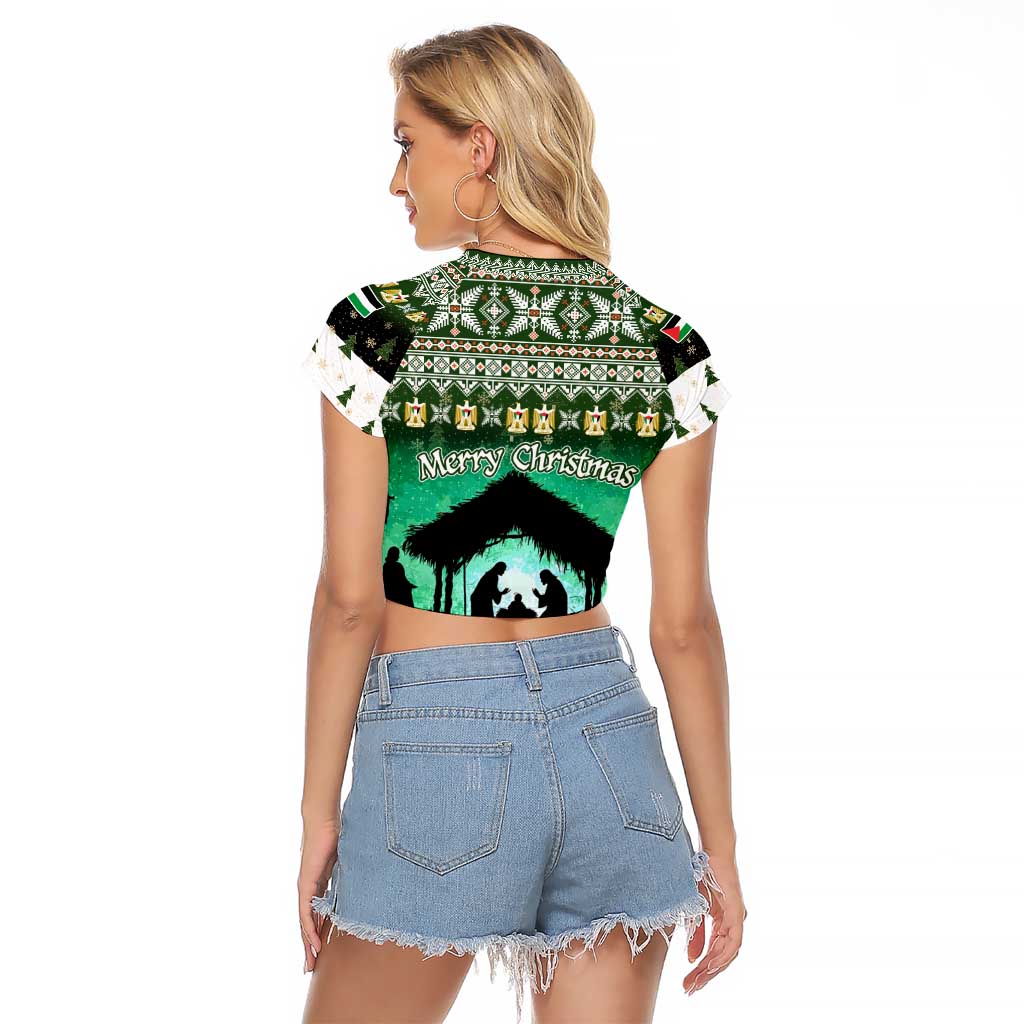 Palestine Christmas Raglan Cropped T Shirt with Green-White Theme, Tree Ornaments, and Nativity Scene Motif - Wonder Print Shop