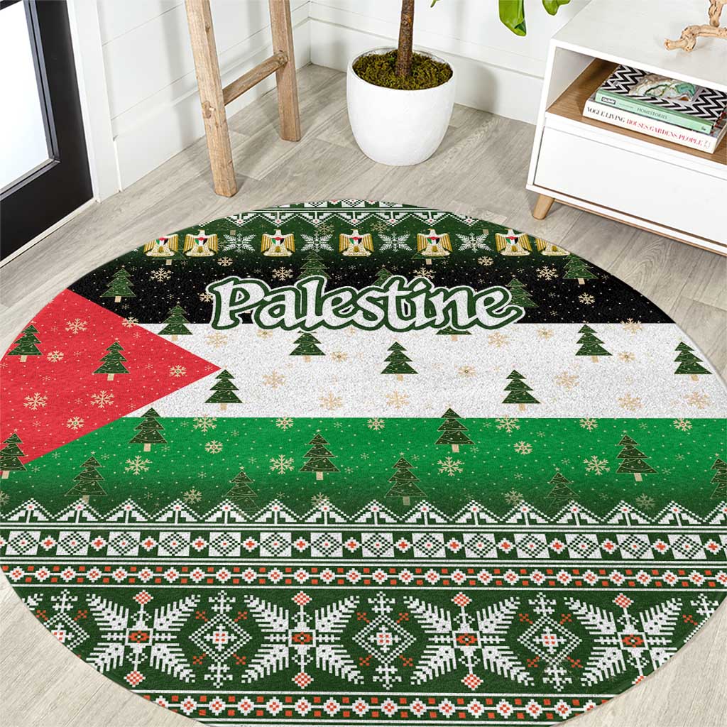 Palestine Christmas Round Carpet with Green-White Theme, Tree Ornaments, and Nativity Scene Motif - Wonder Print Shop