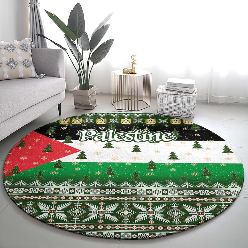 Palestine Christmas Round Carpet with Green-White Theme, Tree Ornaments, and Nativity Scene Motif - Wonder Print Shop