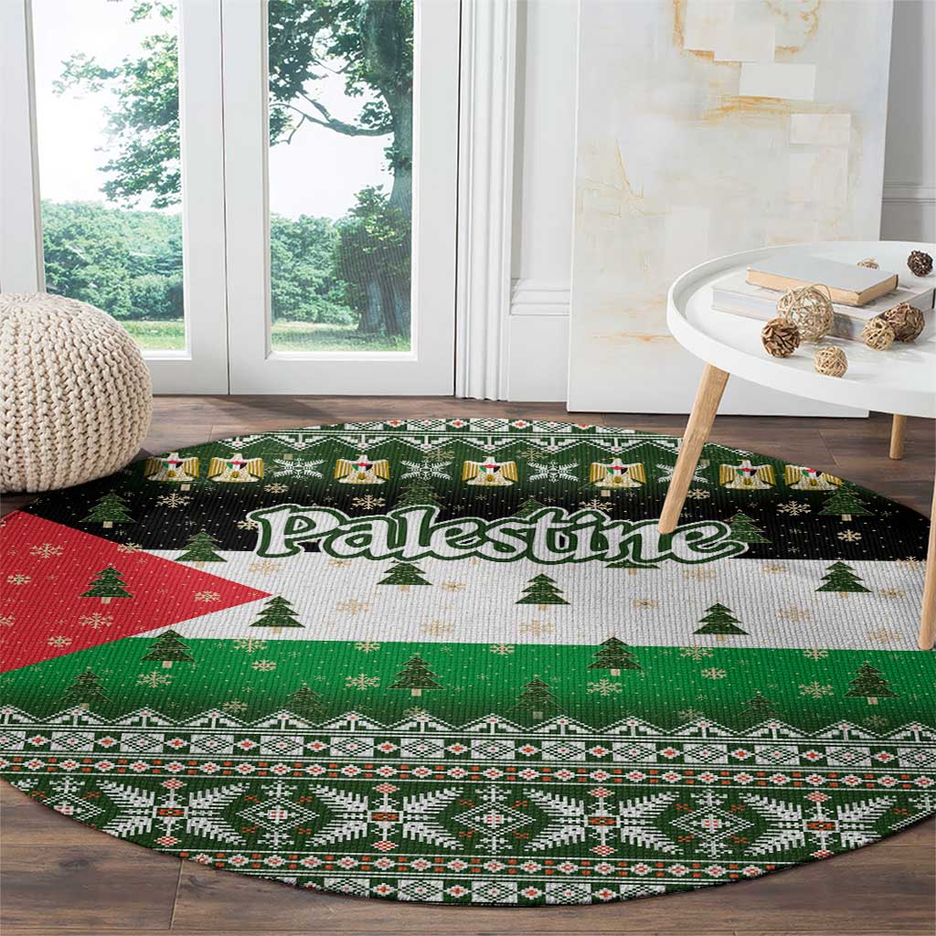 Palestine Christmas Round Carpet with Green-White Theme, Tree Ornaments, and Nativity Scene Motif - Wonder Print Shop