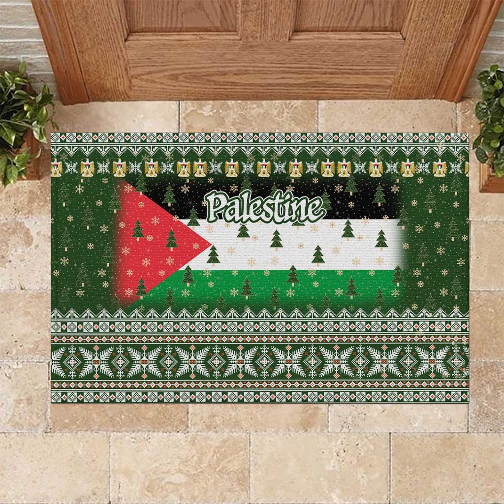 Palestine Christmas Rubber Doormat with Green-White Theme, Tree Ornaments, and Nativity Scene Motif - Wonder Print Shop