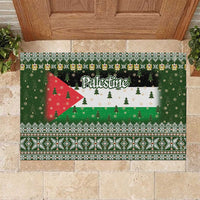 Palestine Christmas Rubber Doormat with Green-White Theme, Tree Ornaments, and Nativity Scene Motif - Wonder Print Shop