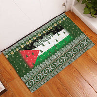 Palestine Christmas Rubber Doormat with Green-White Theme, Tree Ornaments, and Nativity Scene Motif - Wonder Print Shop