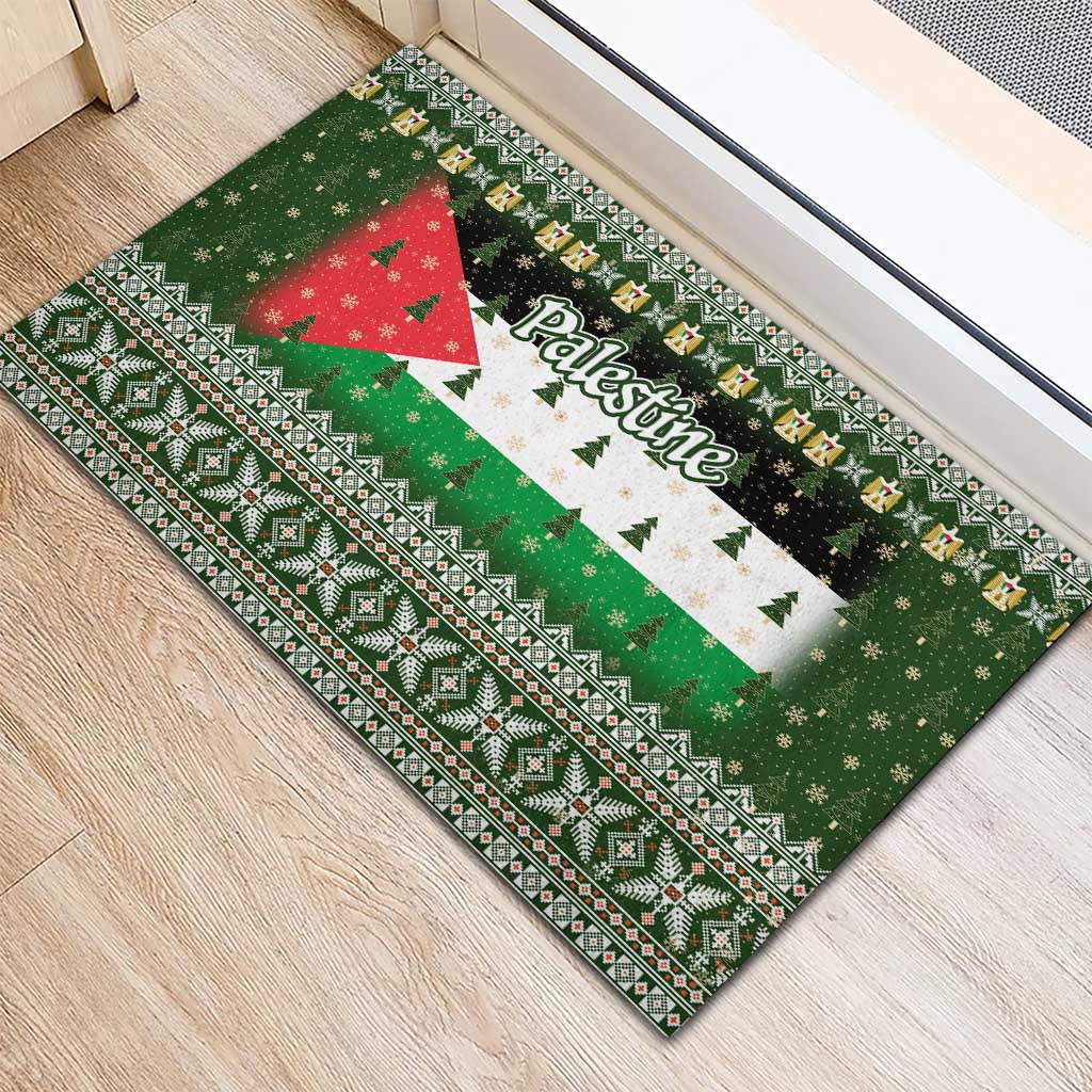 Palestine Christmas Rubber Doormat with Green-White Theme, Tree Ornaments, and Nativity Scene Motif - Wonder Print Shop