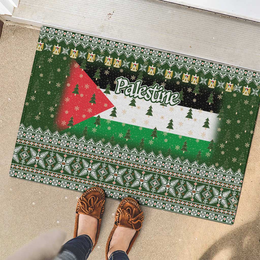 Palestine Christmas Rubber Doormat with Green-White Theme, Tree Ornaments, and Nativity Scene Motif - Wonder Print Shop