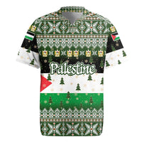 Palestine Christmas Rugby Jersey with Green-White Theme, Tree Ornaments, and Nativity Scene Motif - Wonder Print Shop