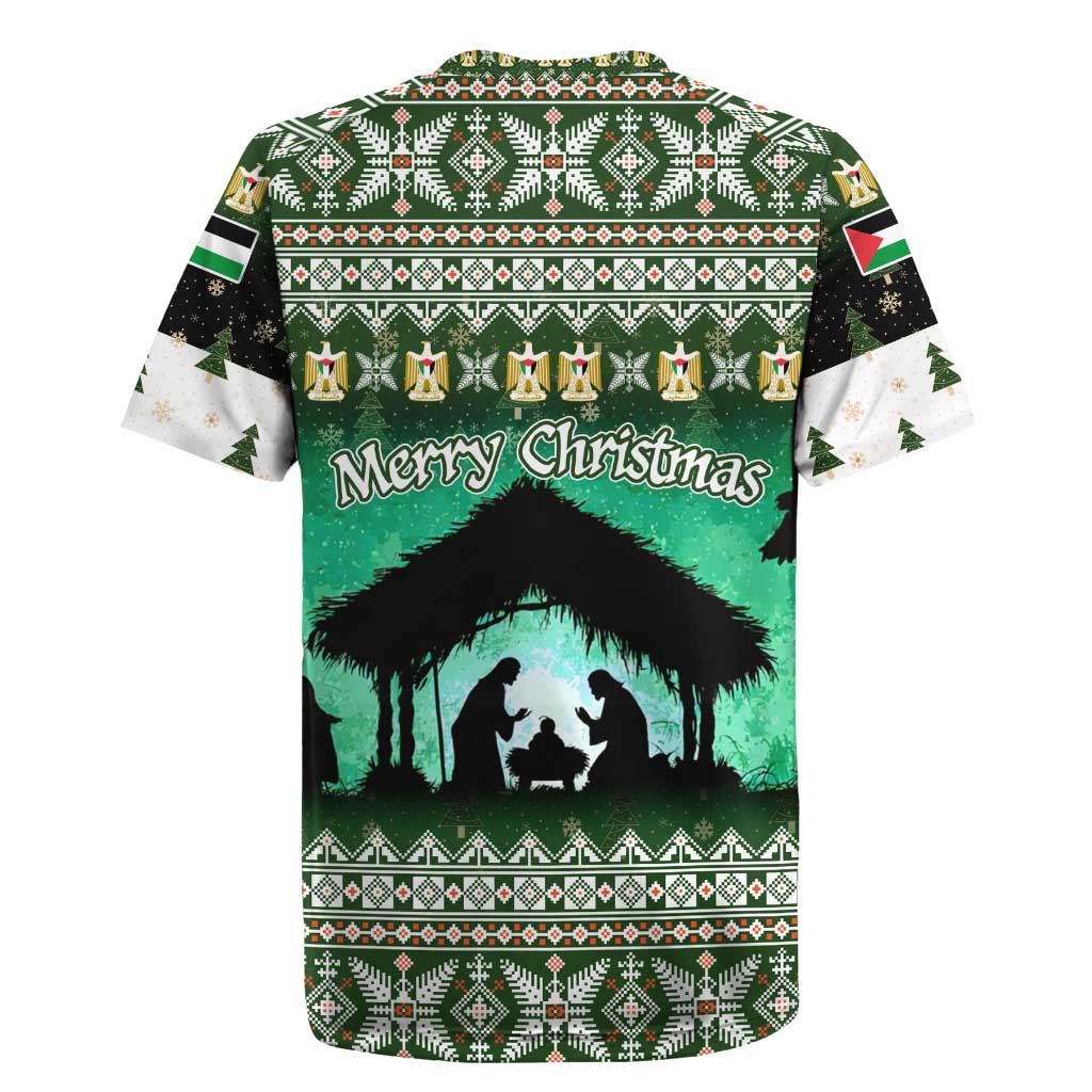 Palestine Christmas Rugby Jersey with Green-White Theme, Tree Ornaments, and Nativity Scene Motif - Wonder Print Shop