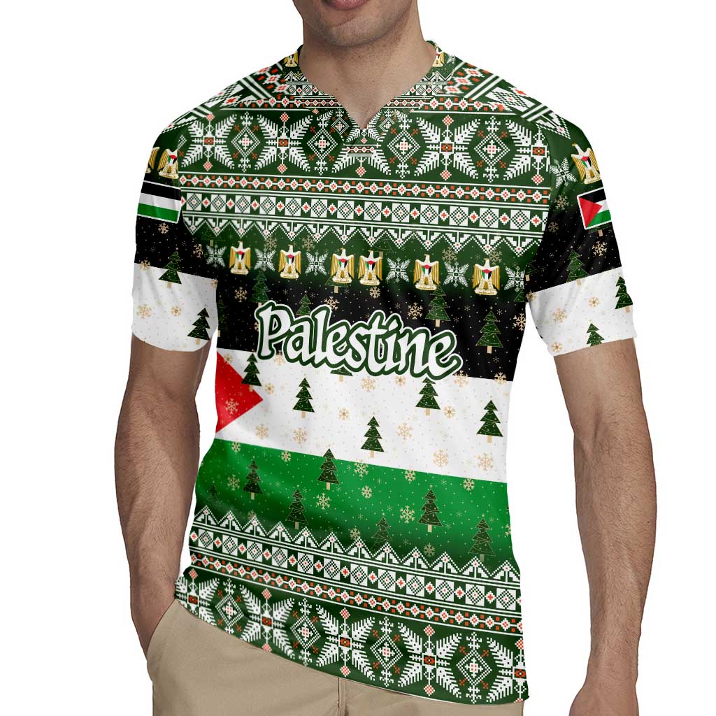 Palestine Christmas Rugby Jersey with Green-White Theme, Tree Ornaments, and Nativity Scene Motif - Wonder Print Shop