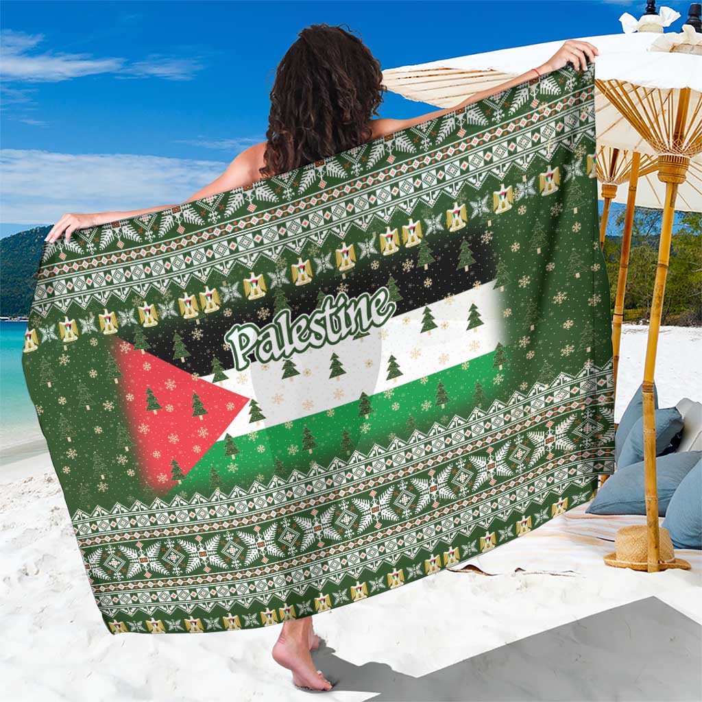 Palestine Christmas Sarong with Green-White Theme, Tree Ornaments, and Nativity Scene Motif - Wonder Print Shop