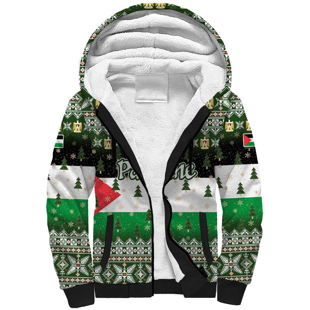 Palestine Christmas Sherpa Hoodie with Green-White Theme, Tree Ornaments, and Nativity Scene Motif - Wonder Print Shop