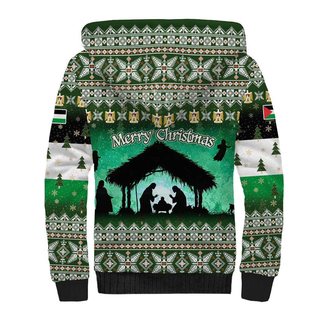 Palestine Christmas Sherpa Hoodie with Green-White Theme, Tree Ornaments, and Nativity Scene Motif - Wonder Print Shop