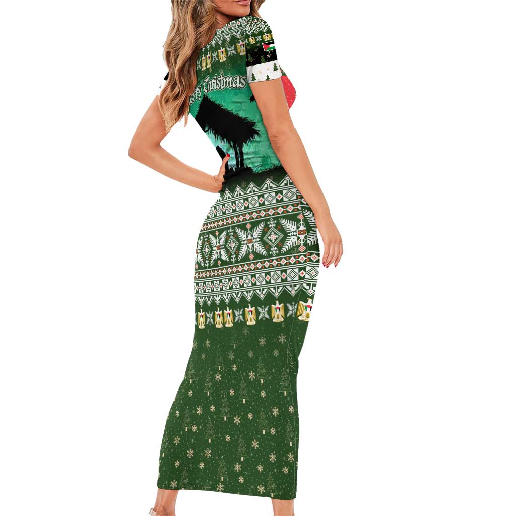 Palestine Christmas Short Sleeve Bodycon Dress with Green-White Theme, Tree Ornaments, and Nativity Scene Motif - Wonder Print Shop
