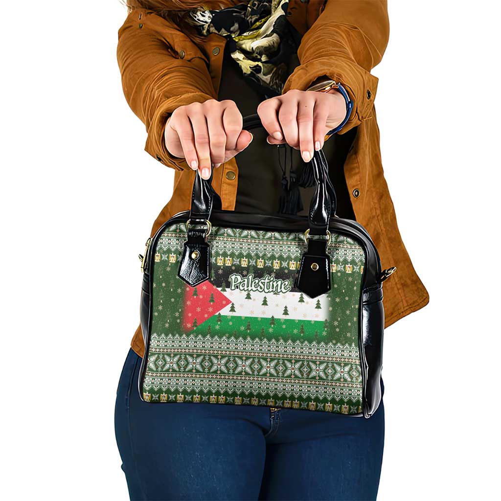 Palestine Christmas Shoulder Handbag with Green-White Theme, Tree Ornaments, and Nativity Scene Motif - Wonder Print Shop