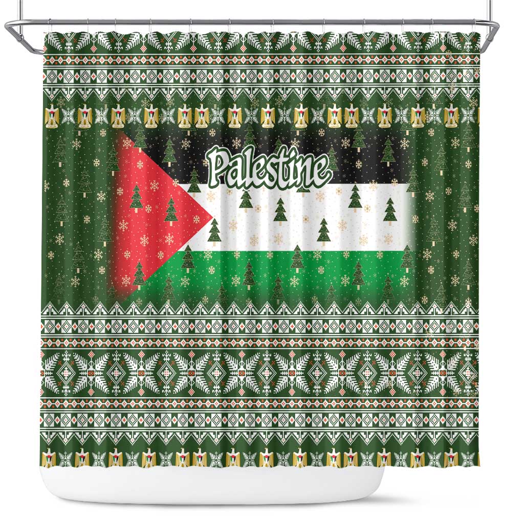 Palestine Christmas Shower Curtain with Green-White Theme, Tree Ornaments, and Nativity Scene Motif - Wonder Print Shop