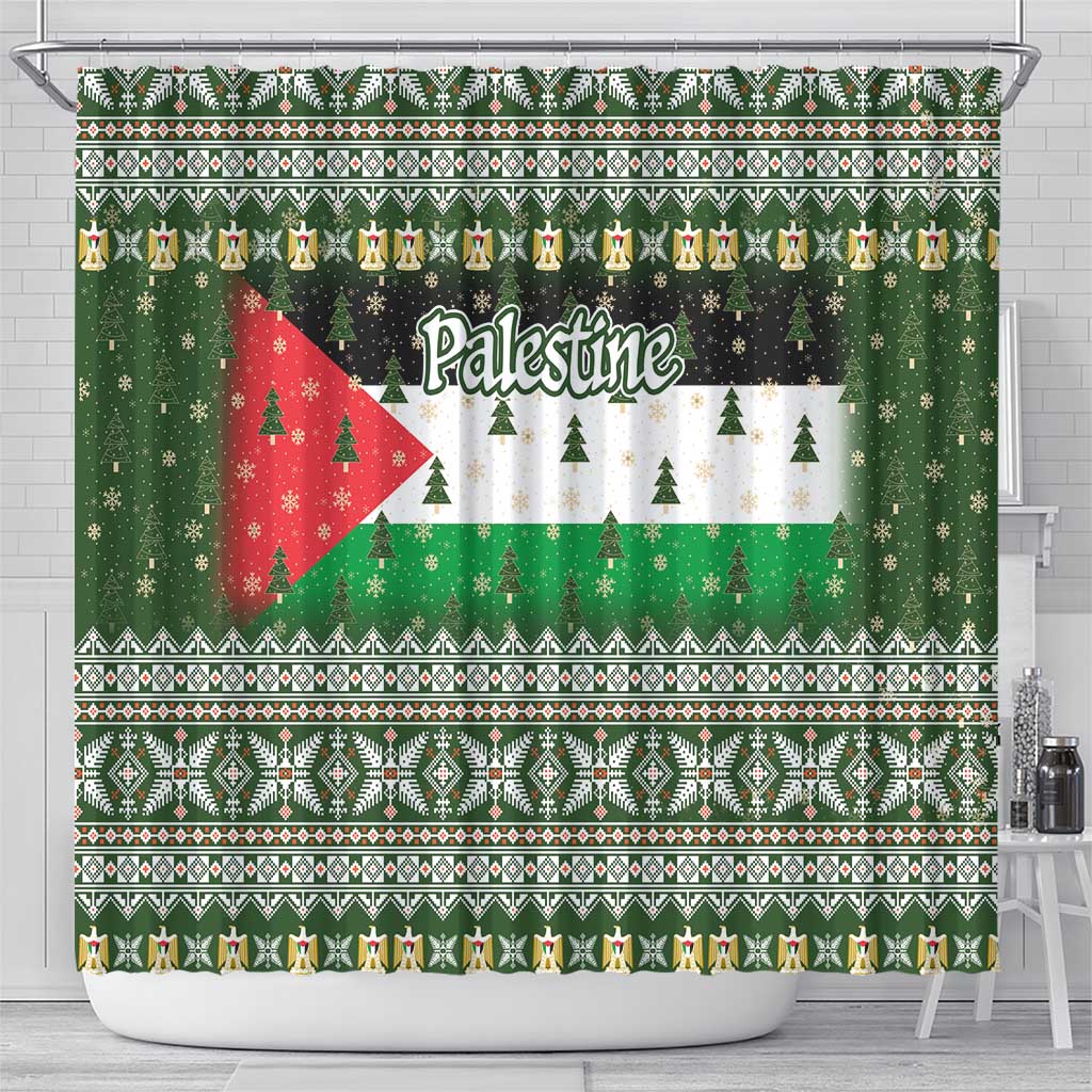 Palestine Christmas Shower Curtain with Green-White Theme, Tree Ornaments, and Nativity Scene Motif - Wonder Print Shop