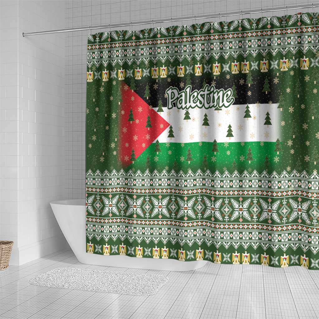 Palestine Christmas Shower Curtain with Green-White Theme, Tree Ornaments, and Nativity Scene Motif - Wonder Print Shop