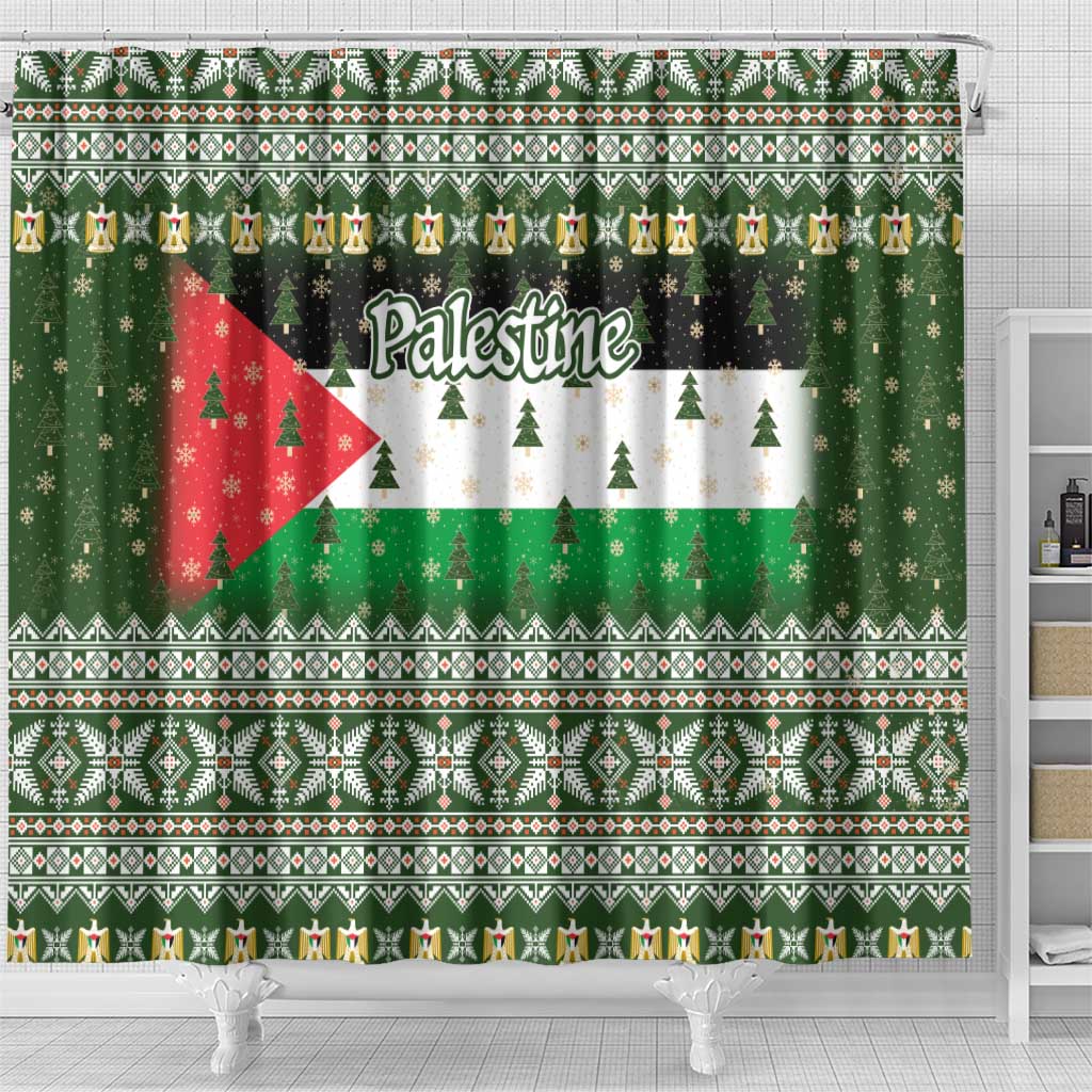 Palestine Christmas Shower Curtain with Green-White Theme, Tree Ornaments, and Nativity Scene Motif - Wonder Print Shop