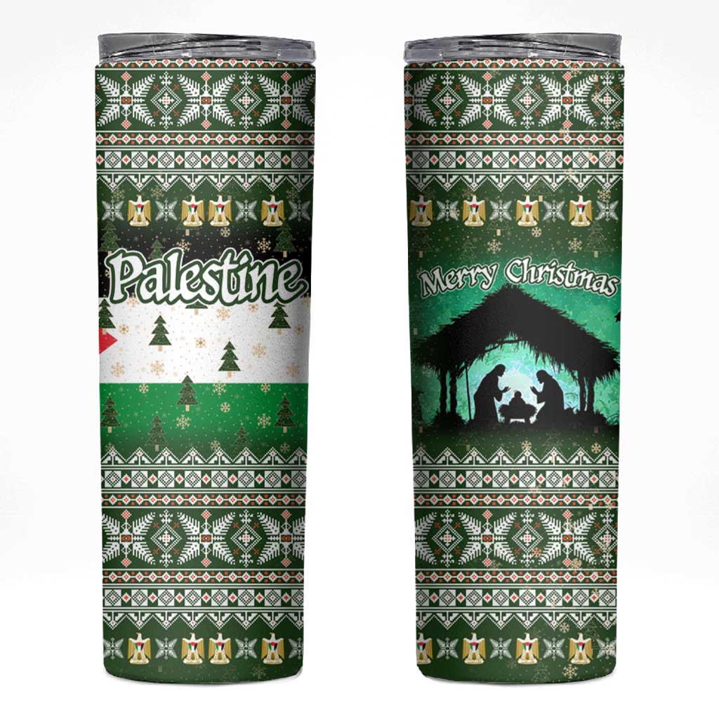 Palestine Christmas Skinny Tumbler with Green-White Theme, Tree Ornaments, and Nativity Scene Motif - Wonder Print Shop