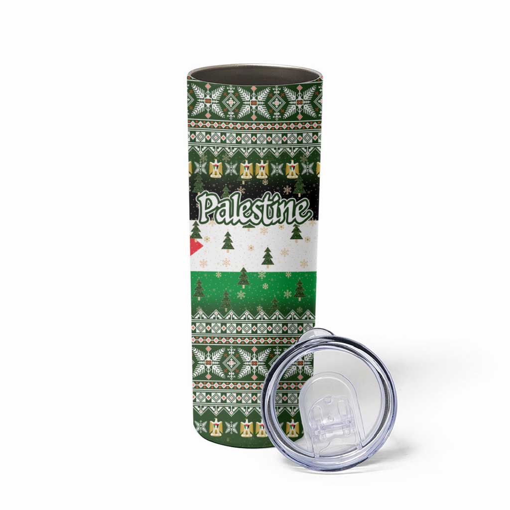 Palestine Christmas Skinny Tumbler with Green-White Theme, Tree Ornaments, and Nativity Scene Motif - Wonder Print Shop