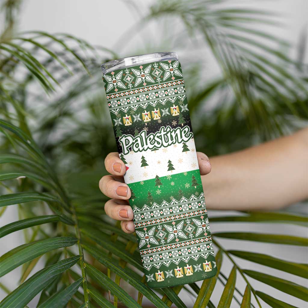 Palestine Christmas Skinny Tumbler with Green-White Theme, Tree Ornaments, and Nativity Scene Motif - Wonder Print Shop