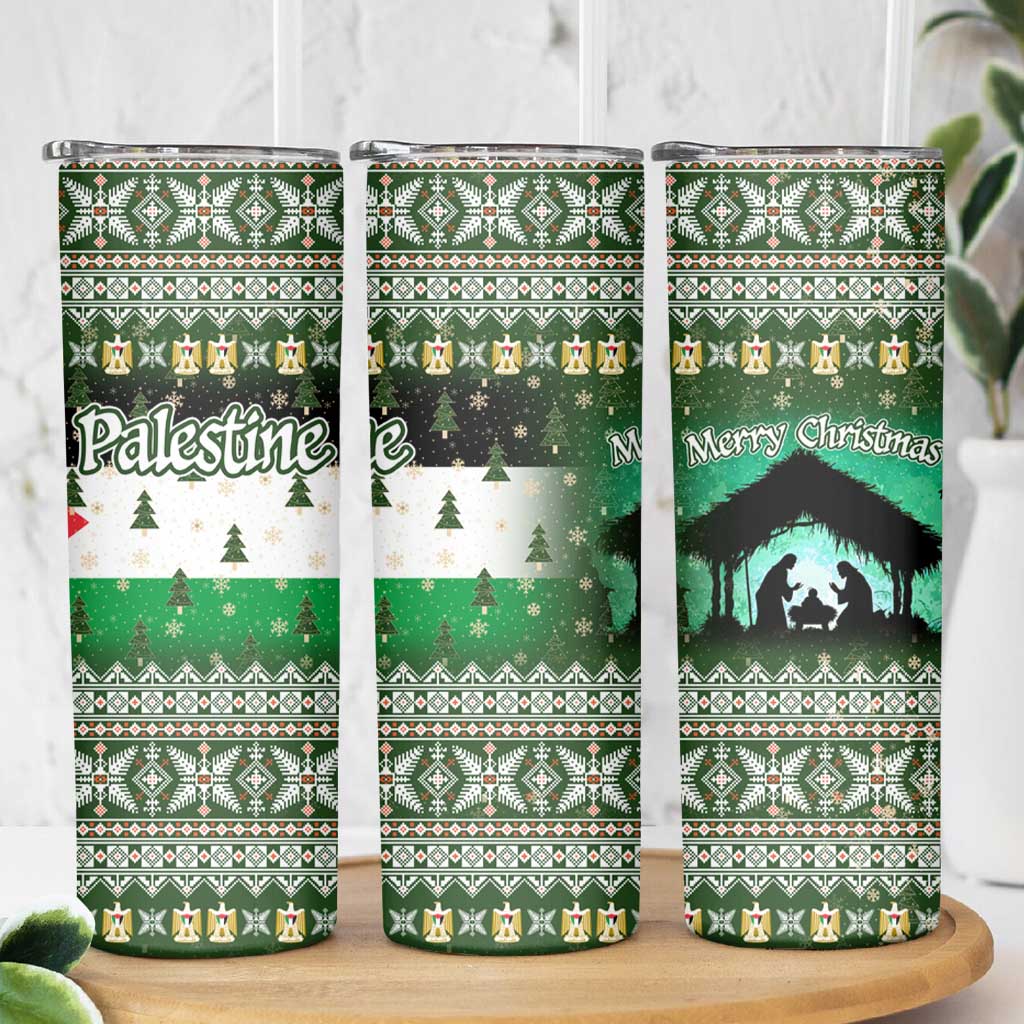 Palestine Christmas Skinny Tumbler with Green-White Theme, Tree Ornaments, and Nativity Scene Motif - Wonder Print Shop