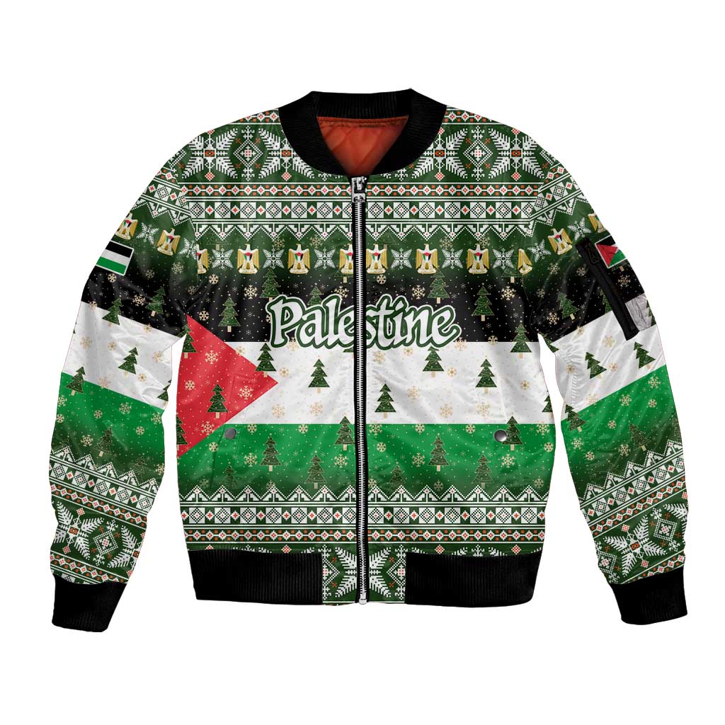 Palestine Christmas Sleeve Zip Bomber Jacket with Green-White Theme, Tree Ornaments, and Nativity Scene Motif - Wonder Print Shop