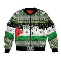 Palestine Christmas Sleeve Zip Bomber Jacket with Green-White Theme, Tree Ornaments, and Nativity Scene Motif - Wonder Print Shop