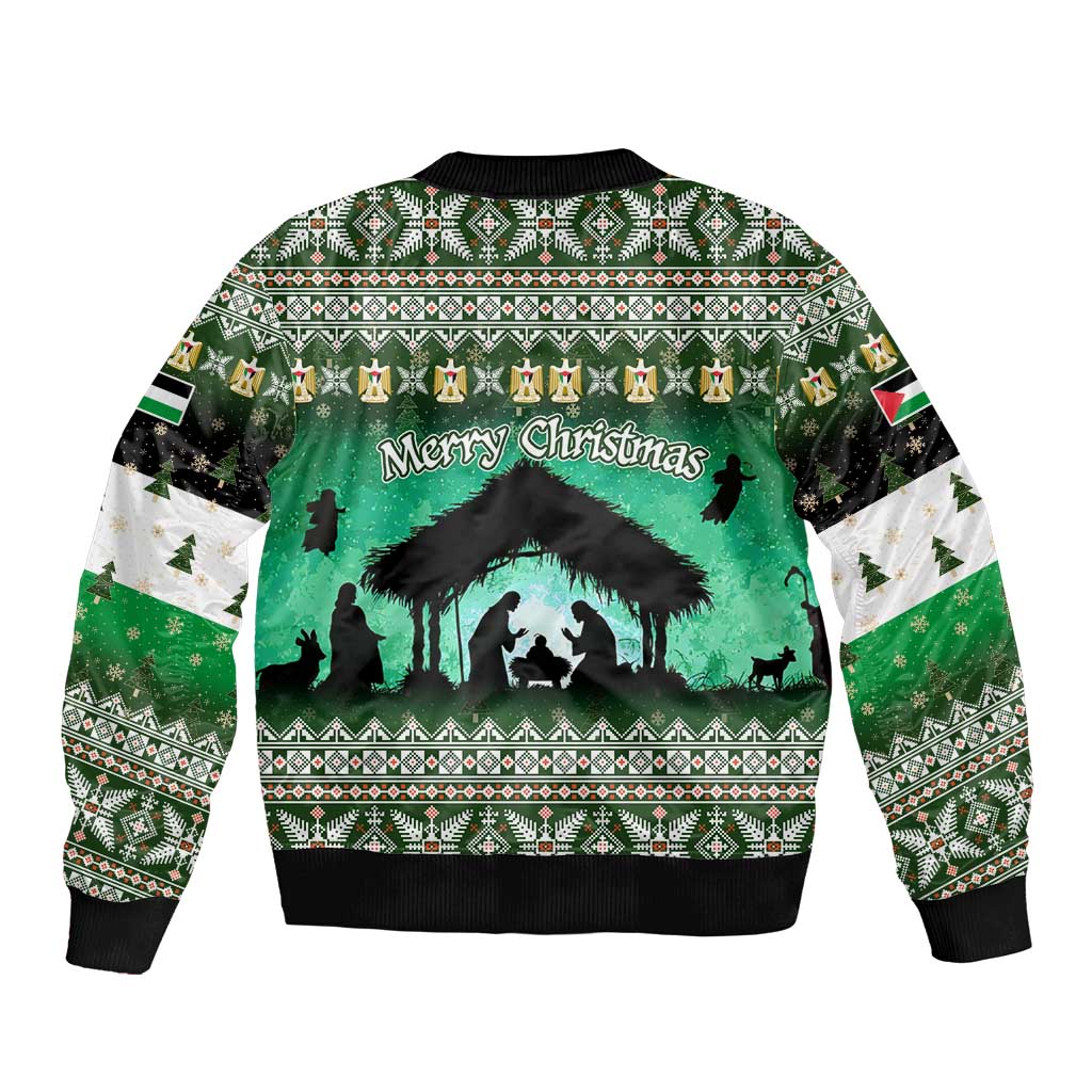 Palestine Christmas Sleeve Zip Bomber Jacket with Green-White Theme, Tree Ornaments, and Nativity Scene Motif - Wonder Print Shop
