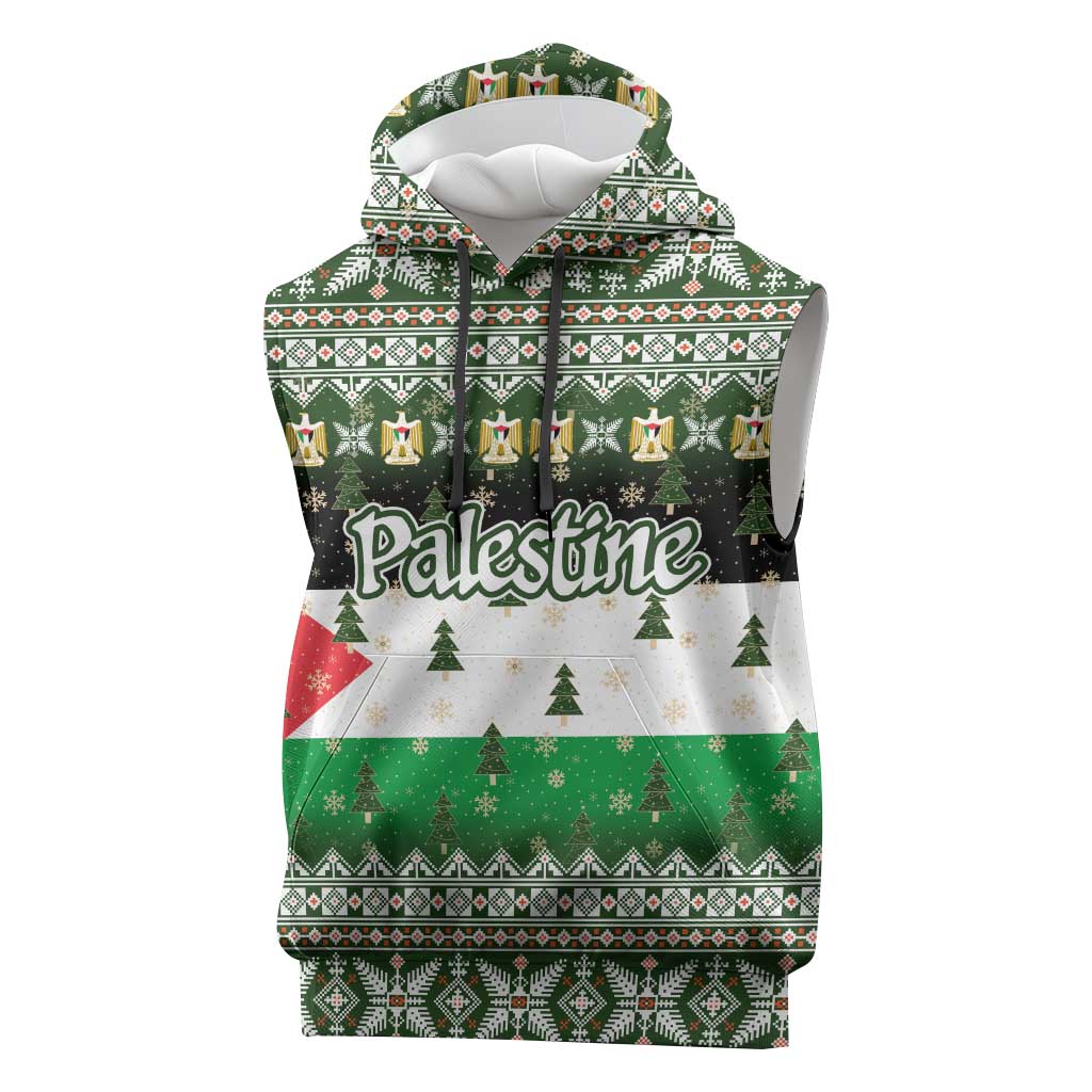 Palestine Christmas Sleeveless Hoodie with Green-White Theme, Tree Ornaments, and Nativity Scene Motif - Wonder Print Shop
