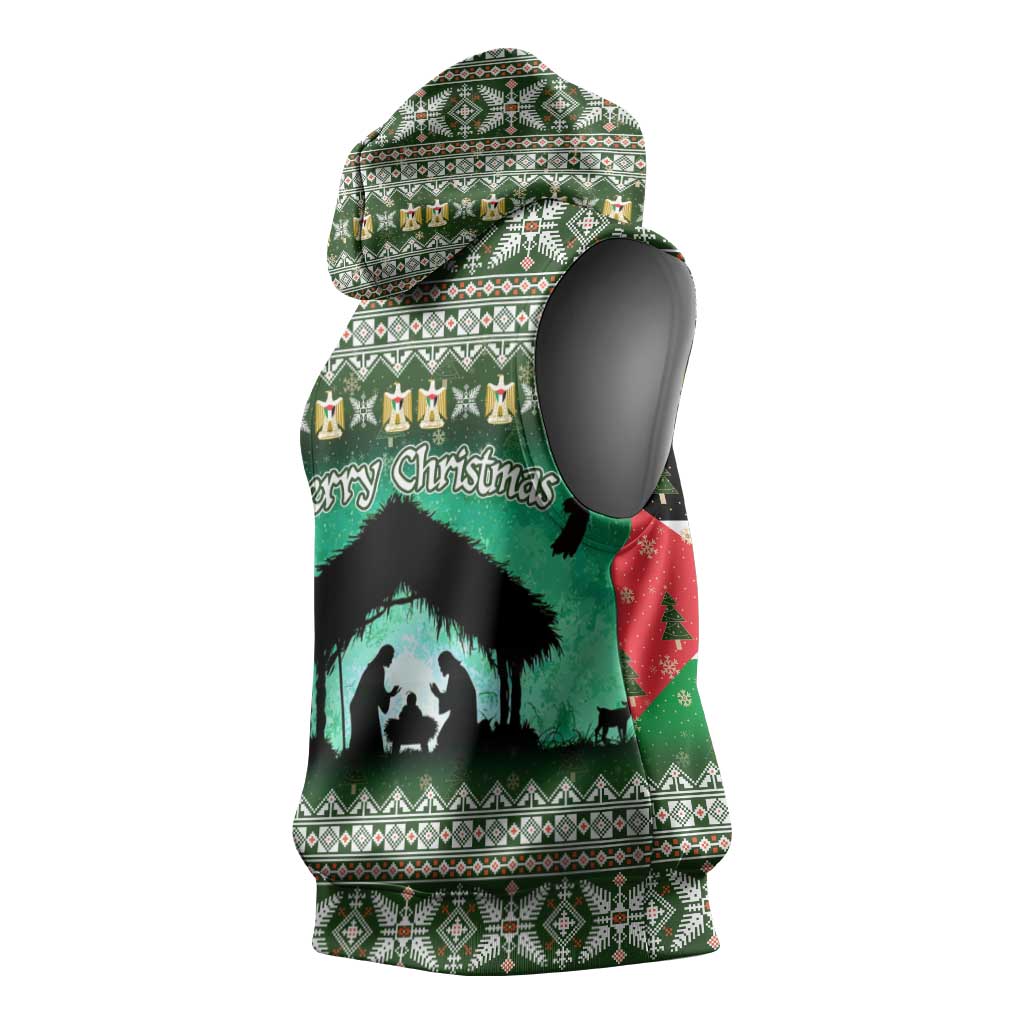 Palestine Christmas Sleeveless Hoodie with Green-White Theme, Tree Ornaments, and Nativity Scene Motif - Wonder Print Shop