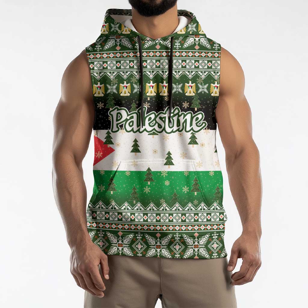 Palestine Christmas Sleeveless Hoodie with Green-White Theme, Tree Ornaments, and Nativity Scene Motif - Wonder Print Shop